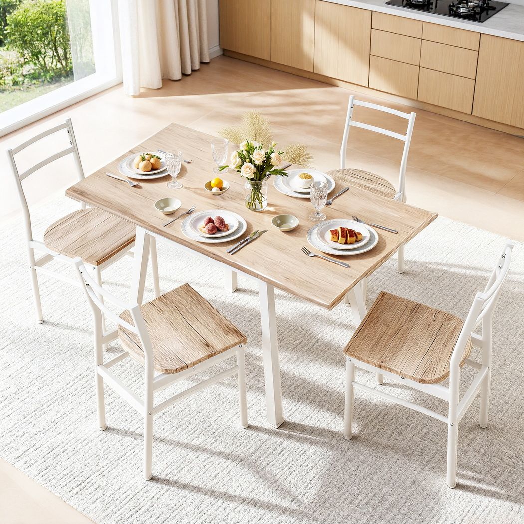 Artiss Dining Table and Chairs Set 5pcs with Extendable 60-120cm Drop-Leaf Table Natural White