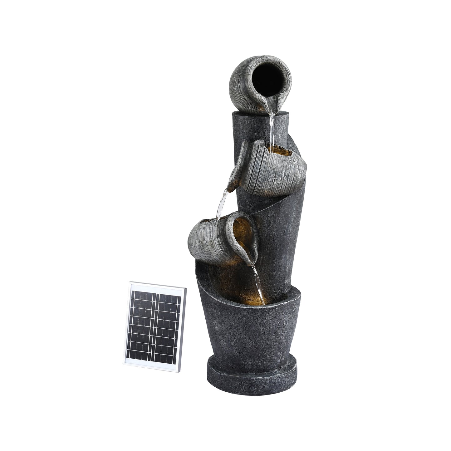 Gardeon Solar Fountain Water Feature Cascading Fountain 3-Tier Pot LED Lights 80CM Grey