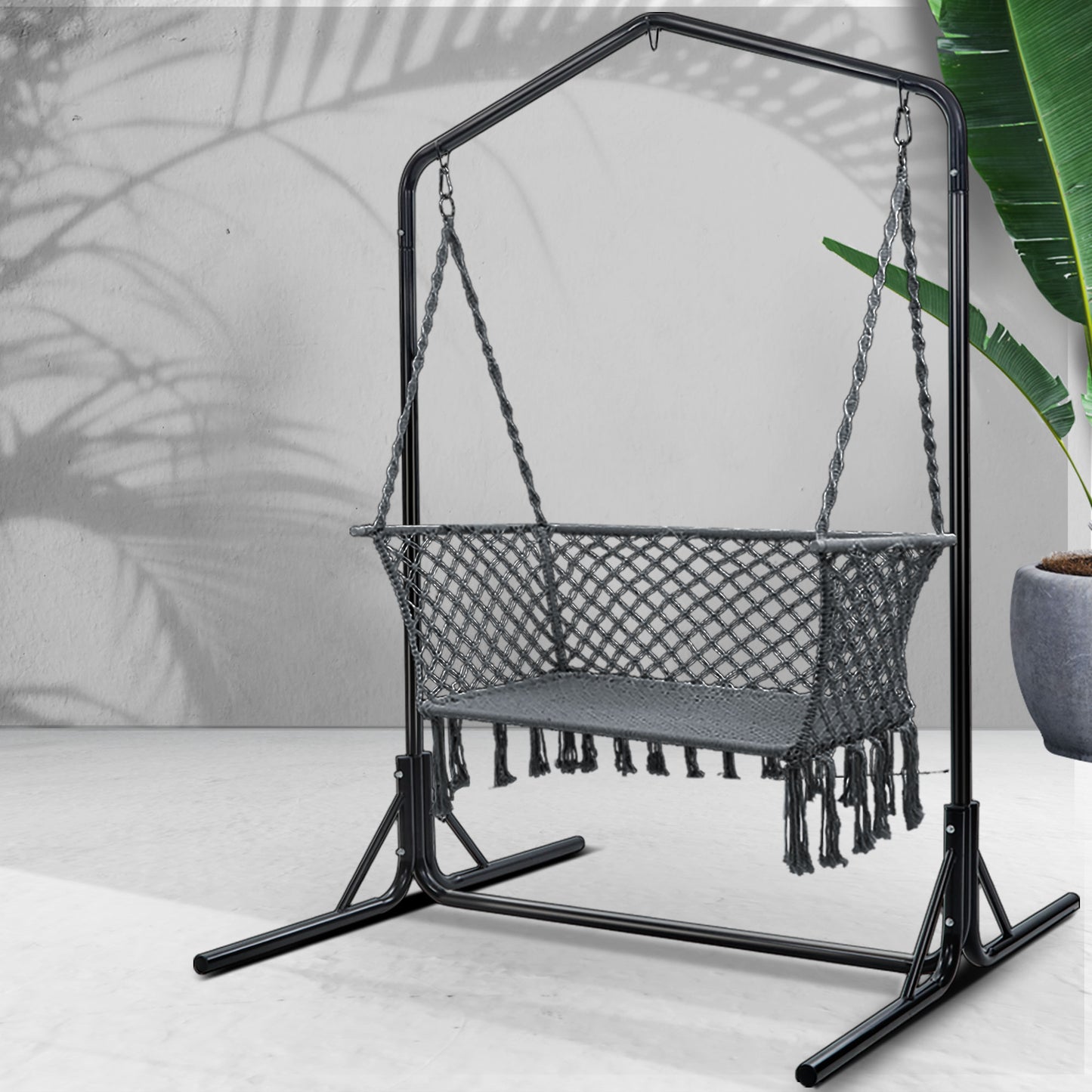 Gardeon Hammock Chair with Stand Macrame Outdoor Garden 2 Seater Grey