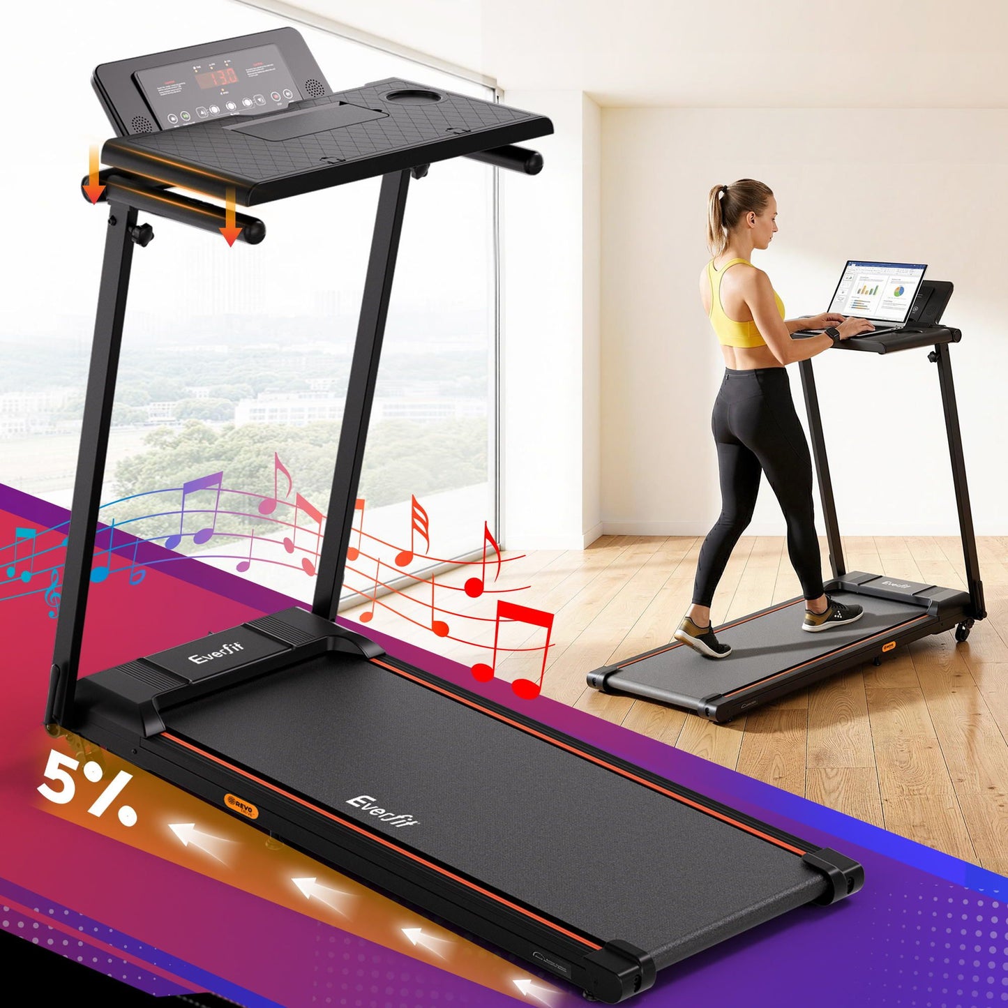 Everfit Treadmill Electric Walking Pad Foldable Incline for Home Office Gym Black