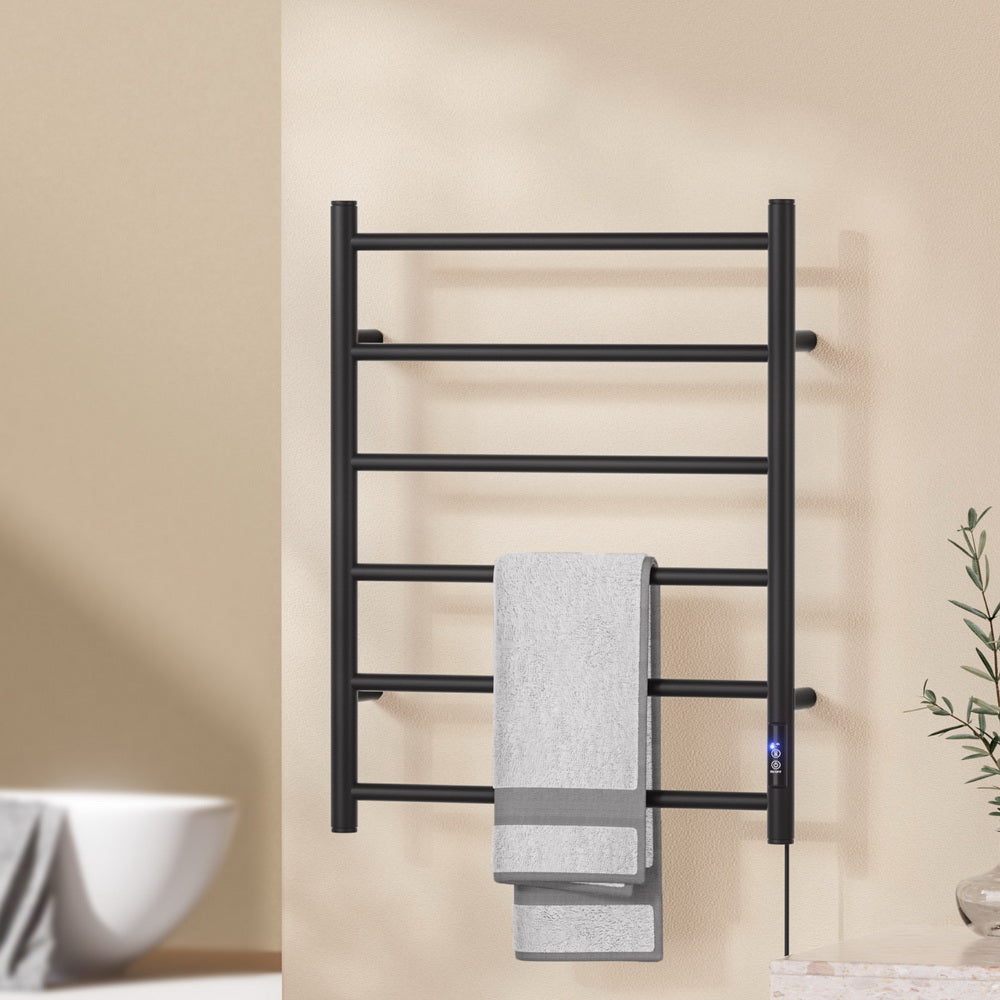 Devanti Heated Towel Rail 6 Round Bars with Timer Electric Heater Warmer Rack