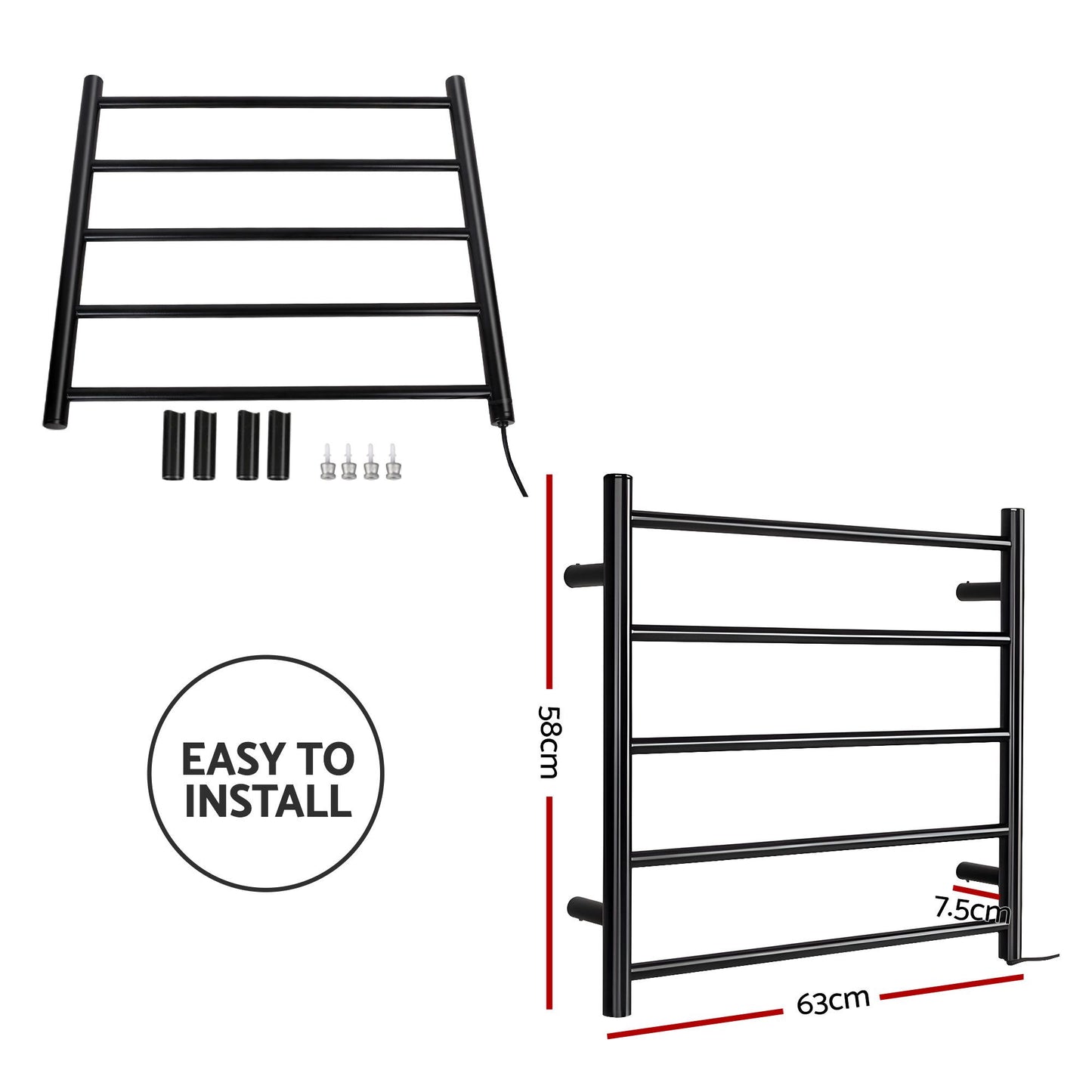 Devanti Electric Heated Towel Rail Rack 5 Bars Wall Mounted Clothes Dry Warmer