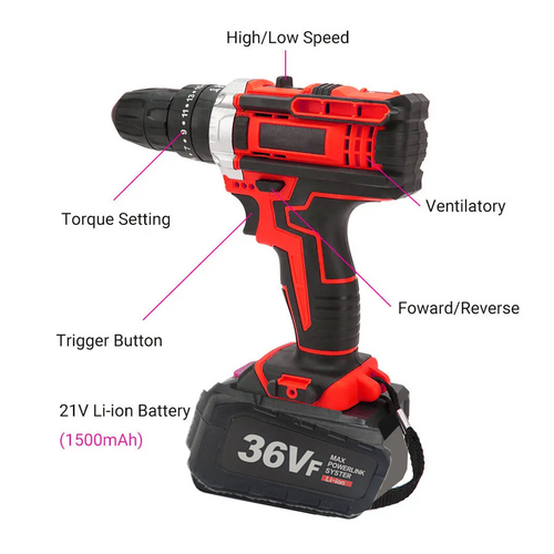 Cordless Drill w/2 Battery Heavy Duty Impact Driver Kit Brushless Hammer Set