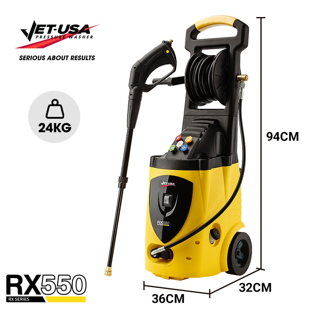JET-USA RX550 Electric High Pressure Washer 3500PSI, 5 Nozzles, Spin & Wheel Brush, Deck Cleaner, Turbo Head, 10M Hose