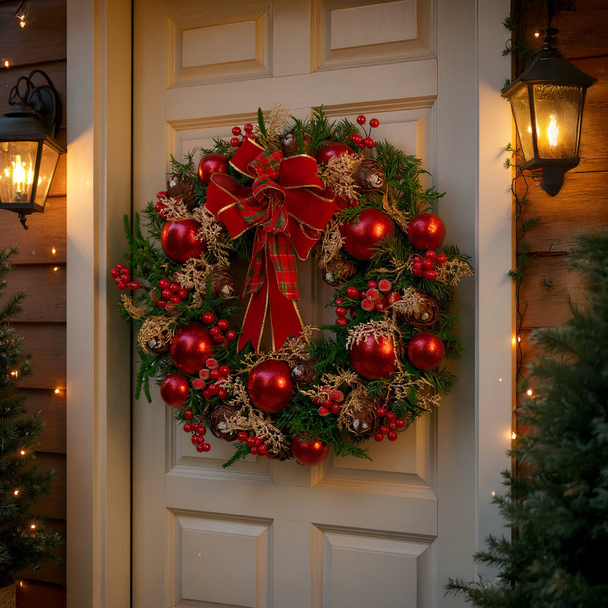 Christabelle Stunning 71cm Christmas Wreath Lush Red Baubles Berries Pine Cones and Bow Front Door Decoration