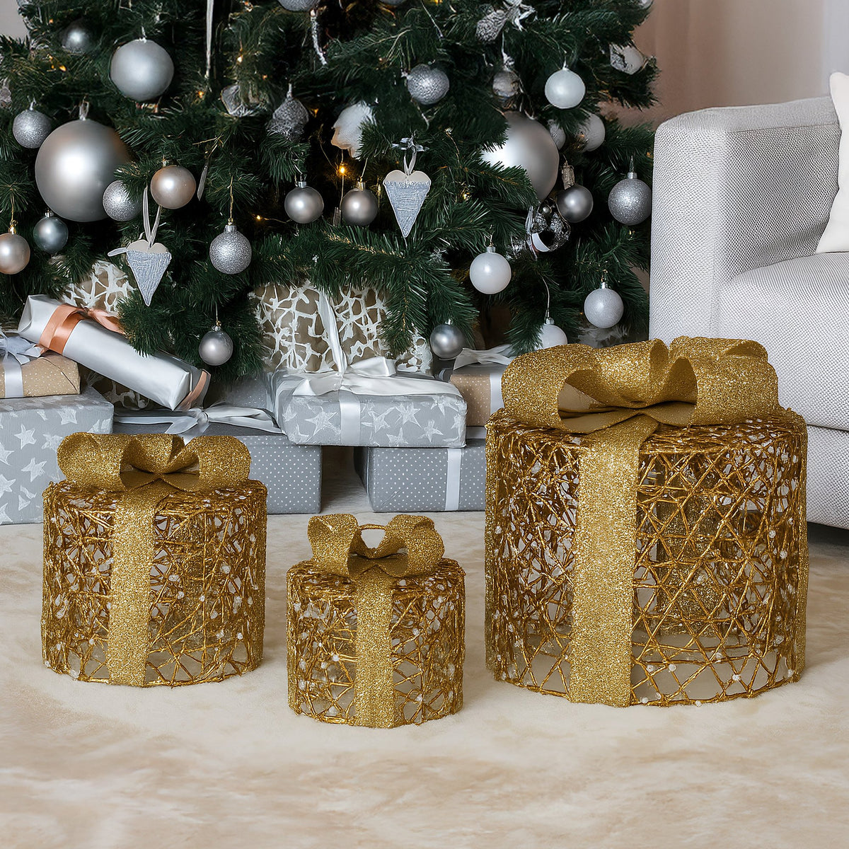 Christabelle Set of 3 Christmas Gift Box Display Gold with LED Lights and Bows Decoration Ornament Present