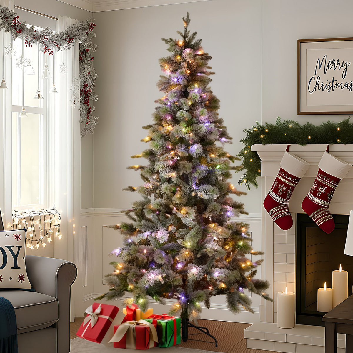 Christabelle Snowy Stamford Spruce 2.3m 7.5ft Christmas Tree Multi Functional White Coloured LED Lights & Foot Pedal