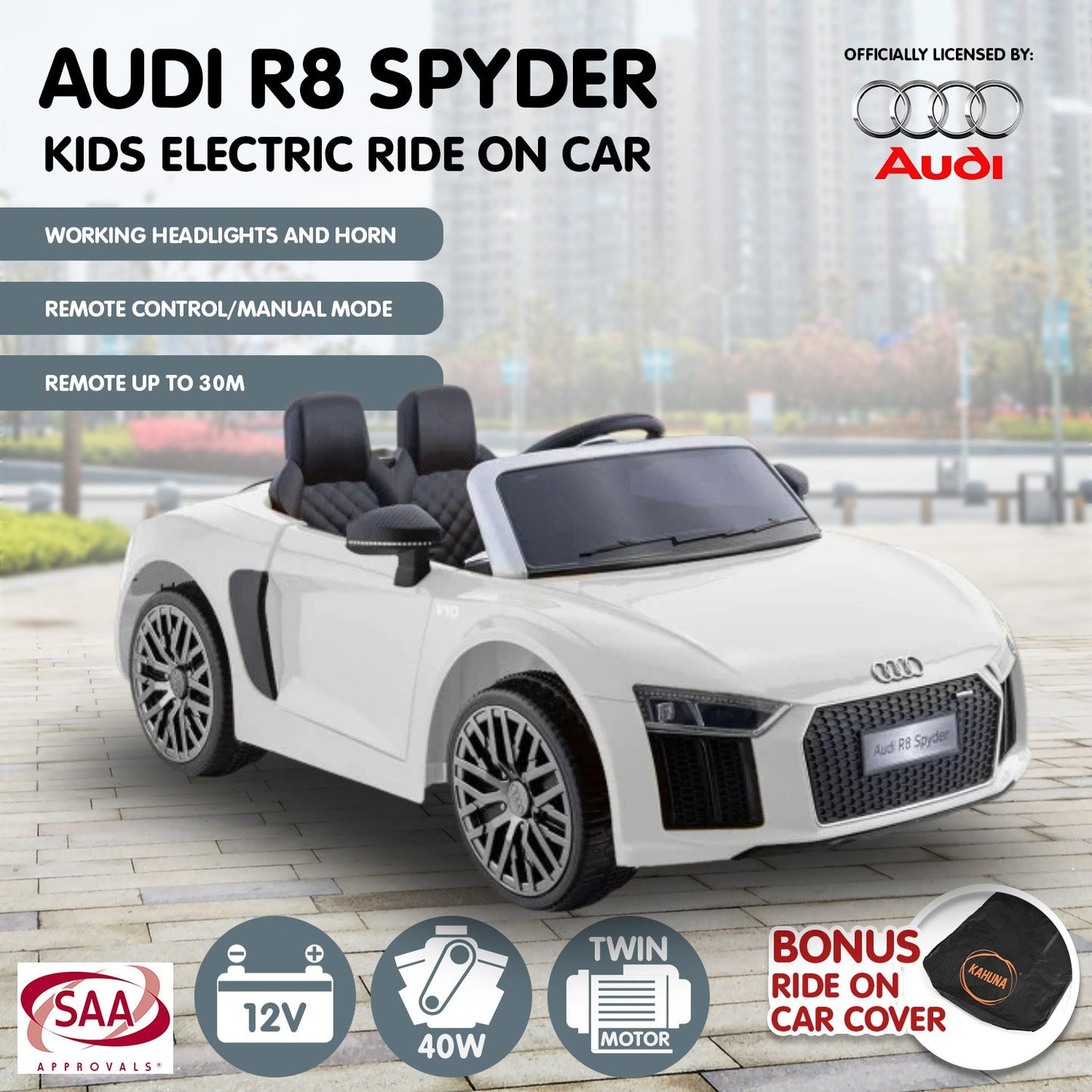 Kahuna Kahuna R8 Spyder Audi Licensed Kids Electric Ride On Car Remote Control - White