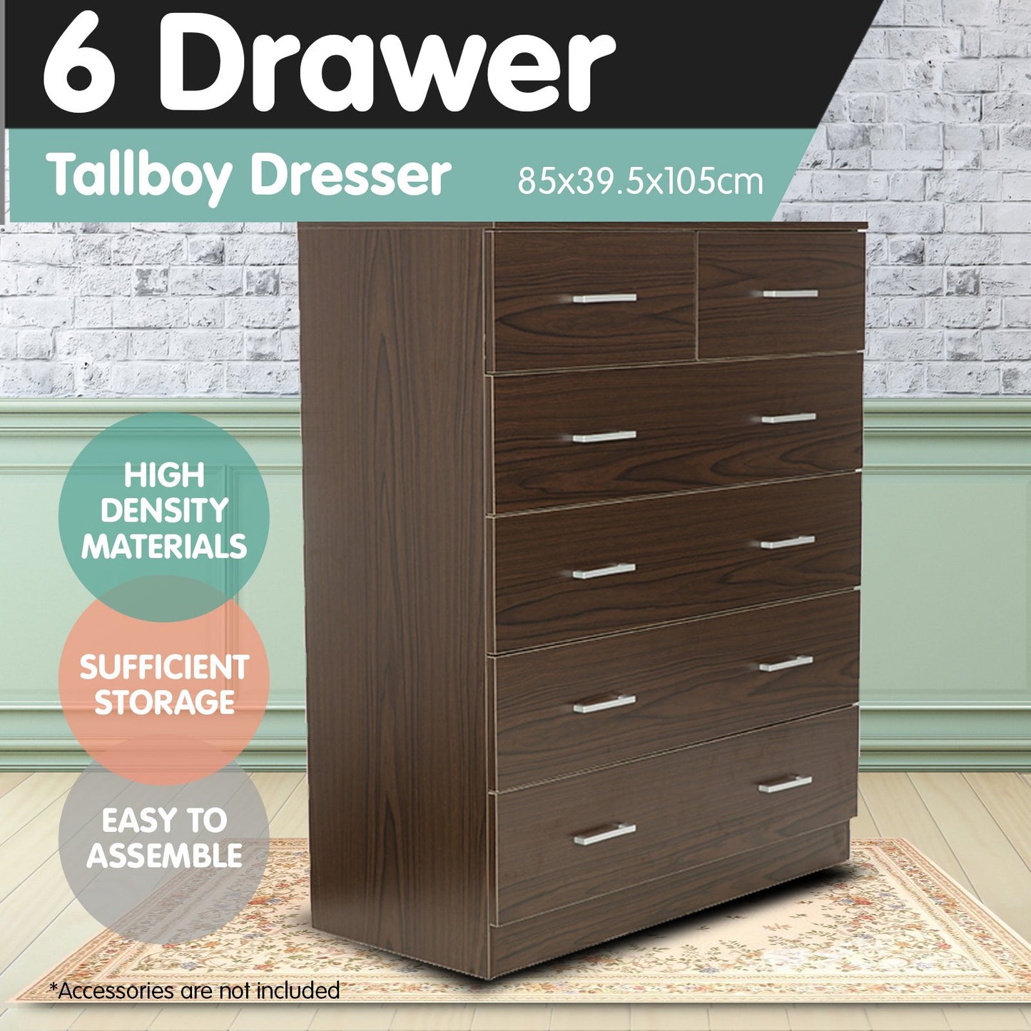 Sarantino Tallboy Dresser 6 Chest Of Drawers Cabinet Storage 85 x 39.5 x 105 in Brown