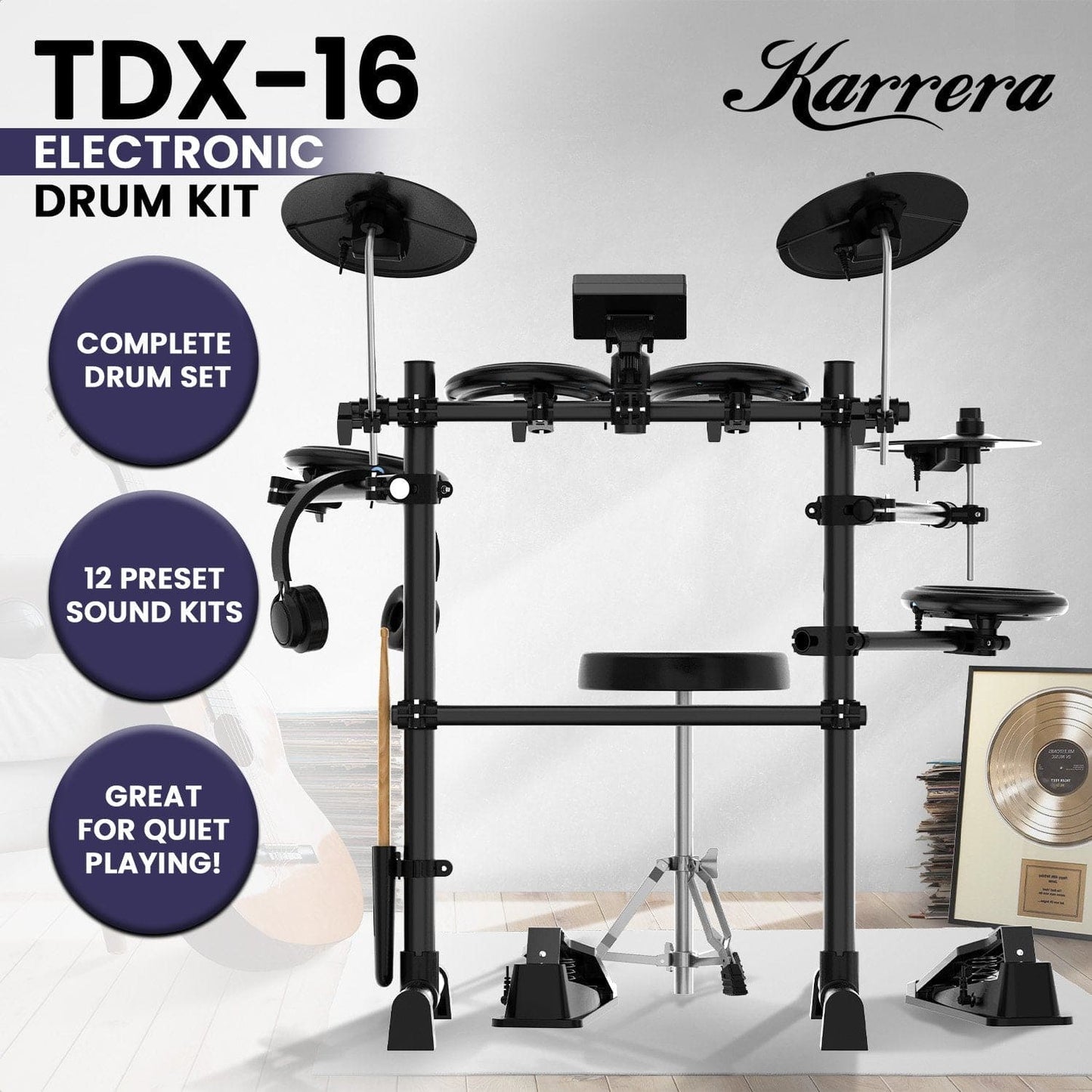 Karrera TDX-16 Electronic Drum Kit with LCD, Toms, Snares Quiet Mesh Pads & Pedals, Adjustable Stool, Headphones