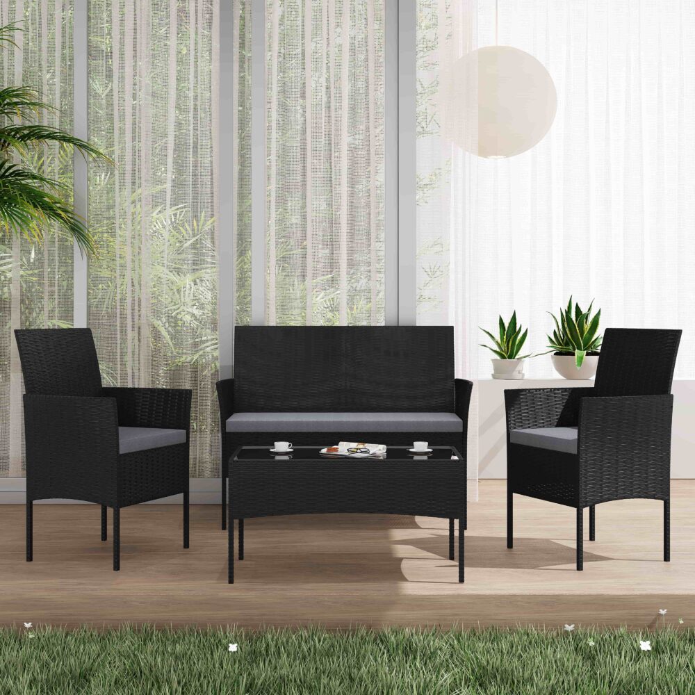 4 Seater Wicker Outdoor Lounge Set-Black