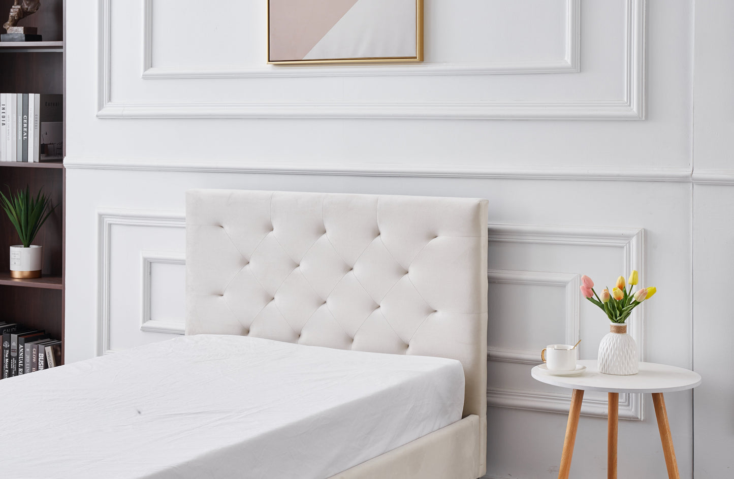 Winston Beige Velvet Tufted Bed - King Single