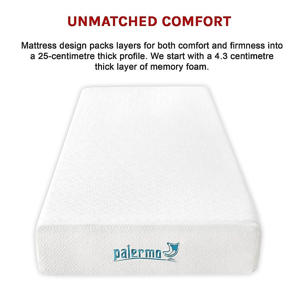 Palermo Single 25cm Gel Memory Foam Mattress - Dual-Layered - CertiPUR-US Certified