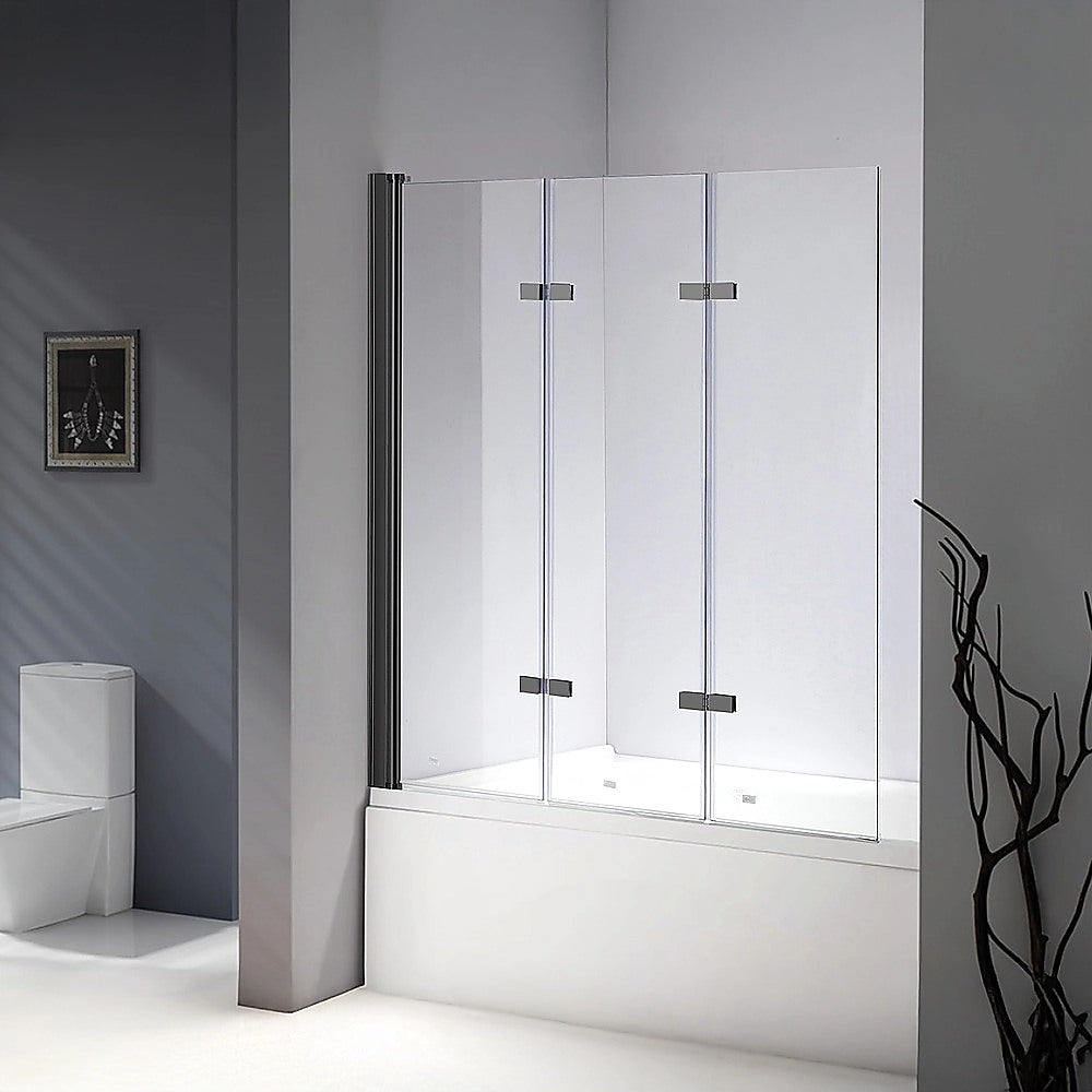 3 Fold Black Folding Bath Shower Screen Door Panel 1300mm x 1400mm