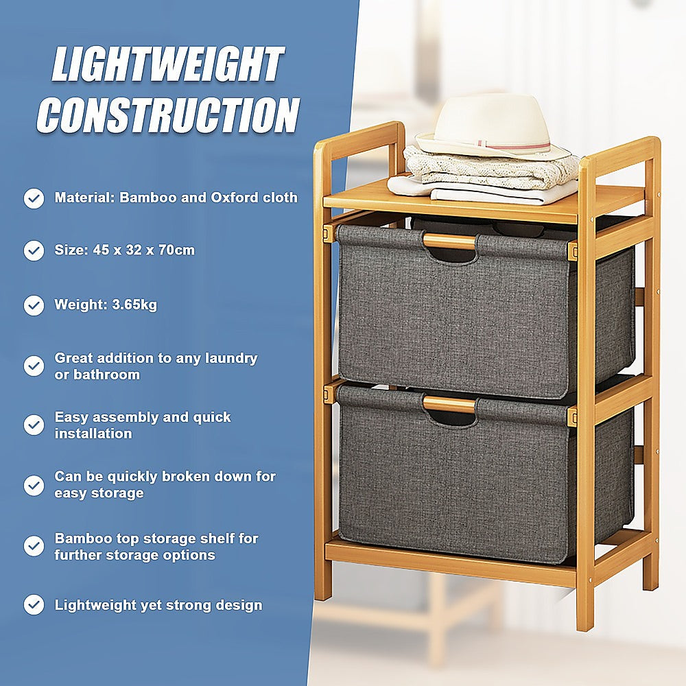 Bamboo Shelf with Storage Hamper – Wooden Organiser with 2 Removable Laundry Bags