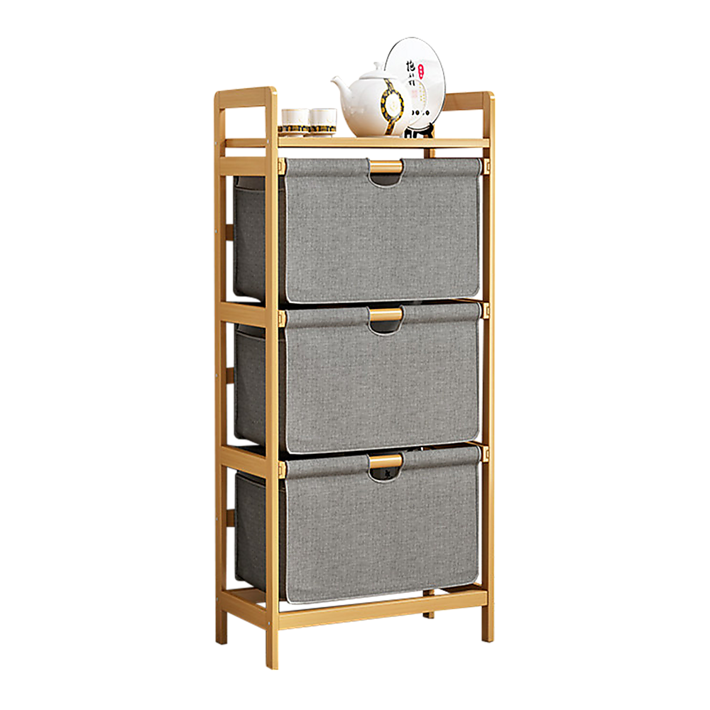 Bamboo Shelf with Storage Hamper – Wooden Organiser with 3 Removable Laundry Bags
