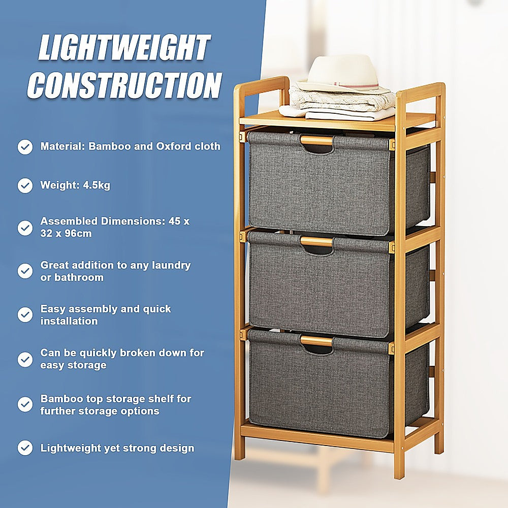 Bamboo Shelf with Storage Hamper – Wooden Organiser with 3 Removable Laundry Bags