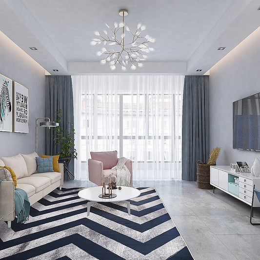 200x300cm Large Floor Blue Chevron Stripes Rug – Modern Area Carpet for Bedroom, Living Room, Lounge or Home Décor Mat