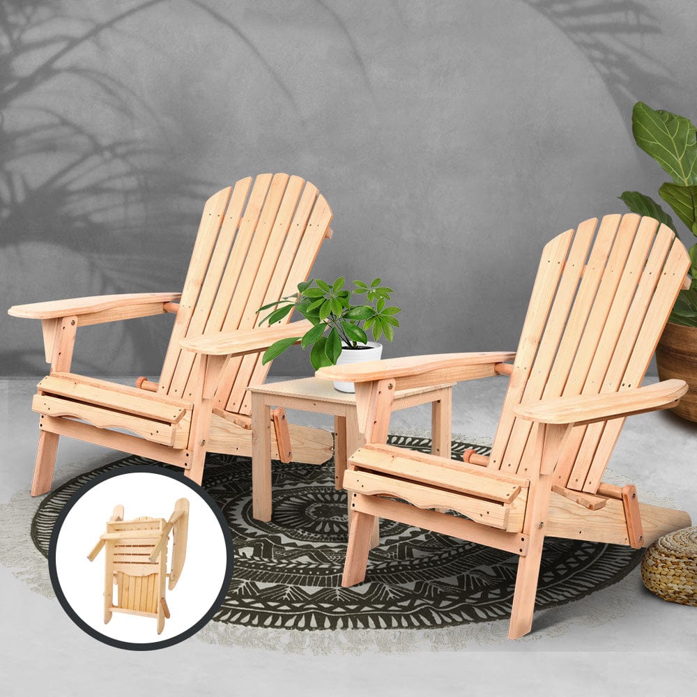 Gardeon 3PC Adirondack Outdoor Table and Chairs Wooden Foldable Beach Chair Natural