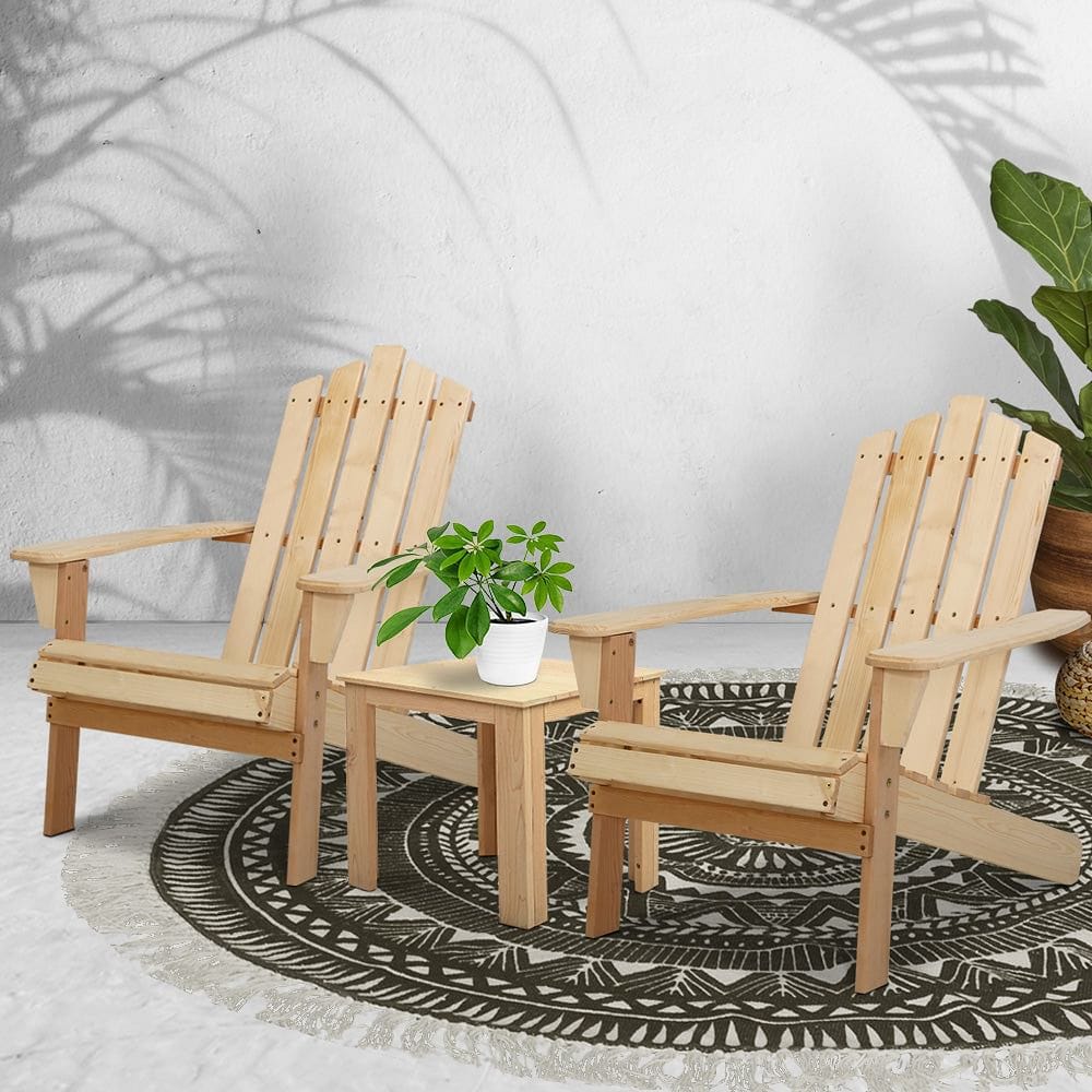Gardeon 3PC Adirondack Outdoor Table and Chairs Wooden Beach Chair Natural
