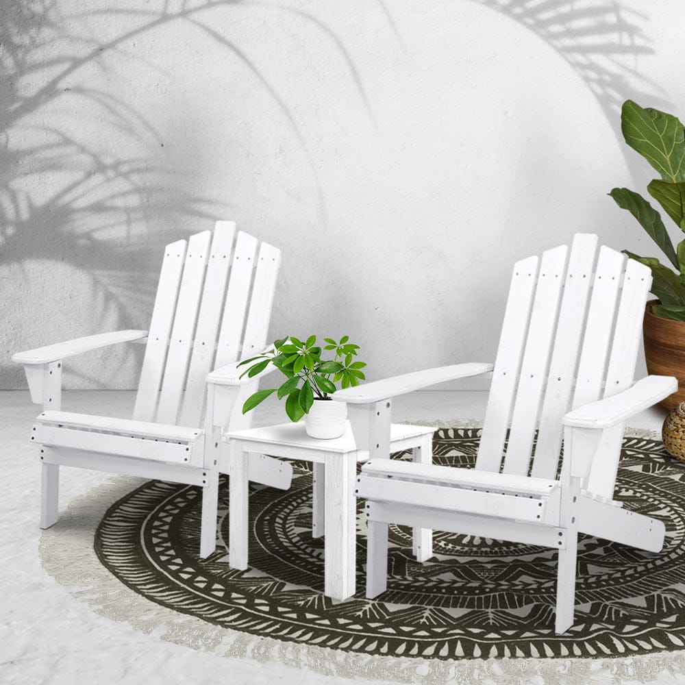 Gardeon 3PC Adirondack Outdoor Table and Chairs Wooden Beach Chair White