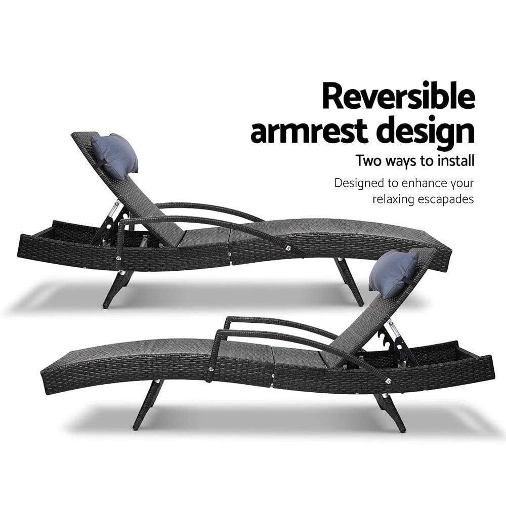 Gardeon Sun Lounge Wicker Lounger Outdoor Furniture Beach Chair Armrest Adjustable Black