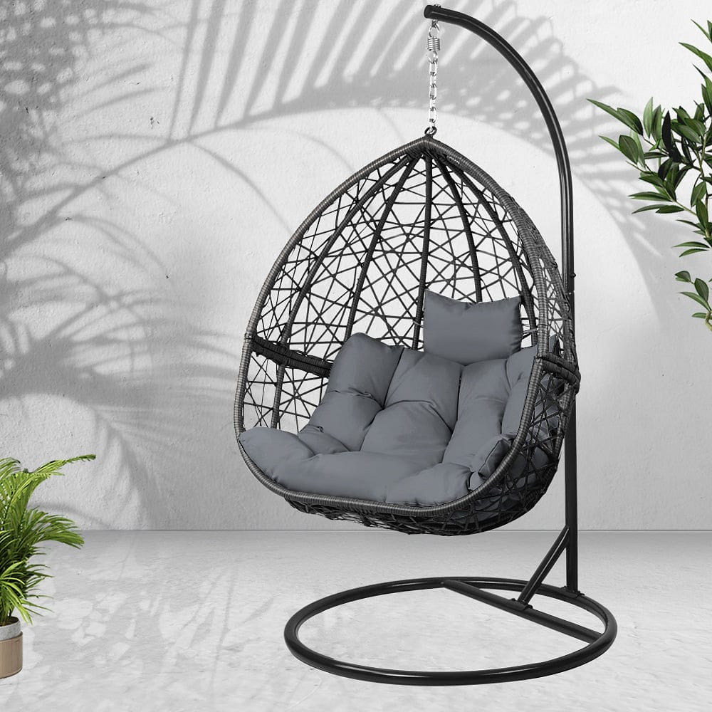 Gardeon Outdoor Egg Swing Chair Wicker Rattan Furniture Pod Stand Cushion Grey