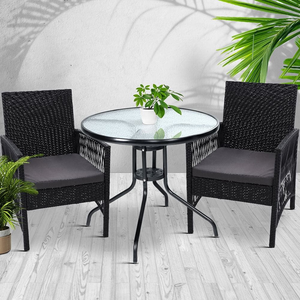 Gardeon 3PC Bistro Set Outdoor Furniture Rattan Table Chairs Cushion Patio Garden Lyra