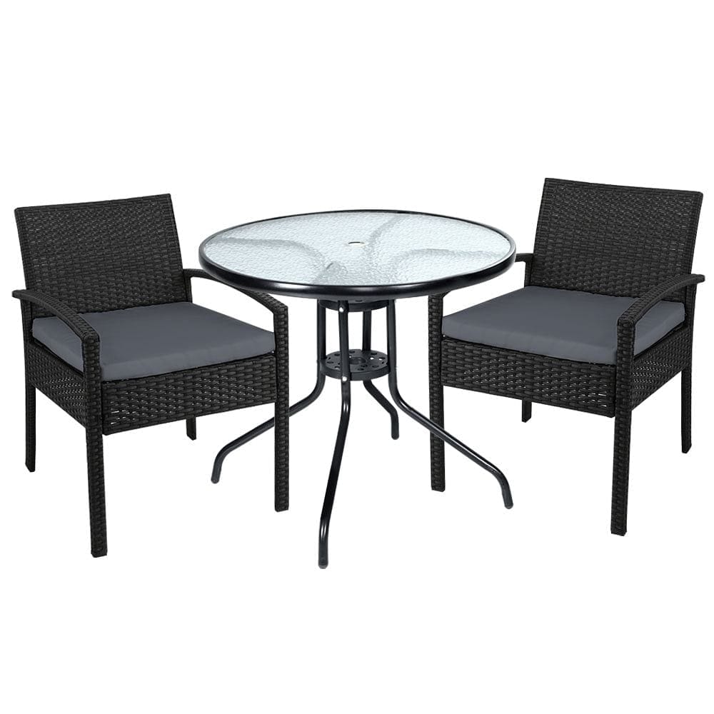 Gardeon 3PC Bistro Set Outdoor Furniture Rattan Table Chairs Cushion Patio Garden Felix