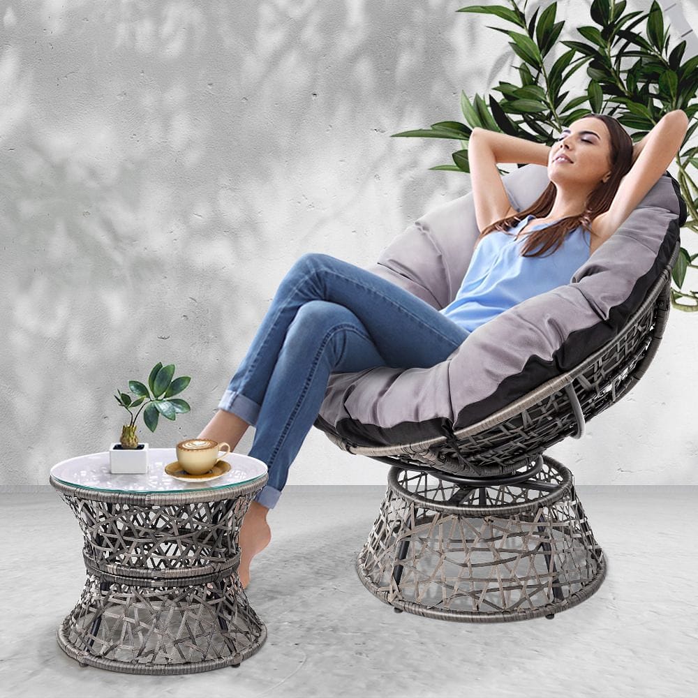 Gardeon Outdoor Lounge Setting Papasan Chair Wicker Table Garden Furniture Grey