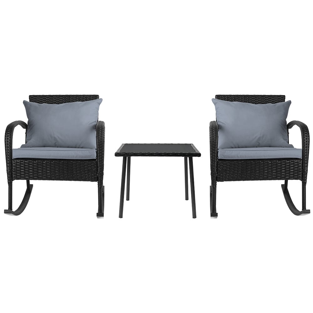 Gardeon 3PC Rocking Chair Table Wicker Outdoor Furniture Patio Bistro Set Black