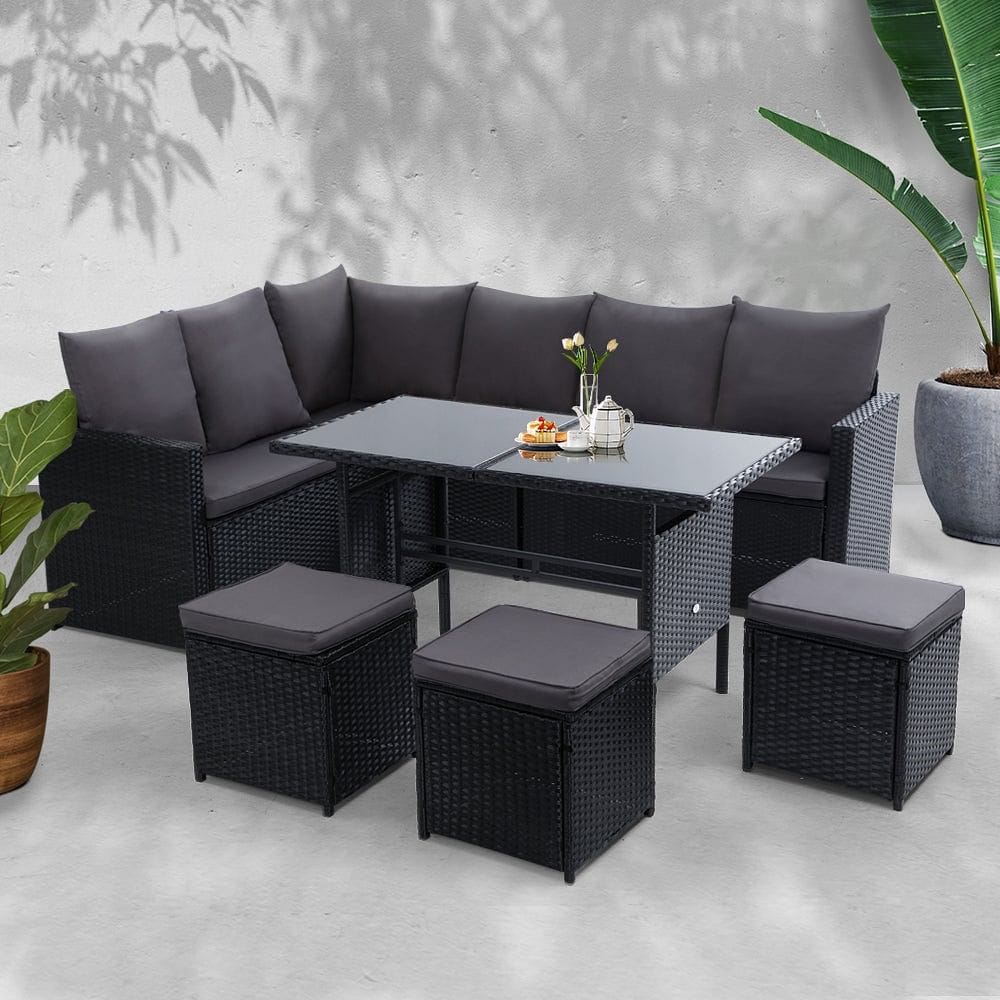 Gardeon Outdoor Furniture Dining Setting Sofa Set Lounge Wicker 9 Seater Black