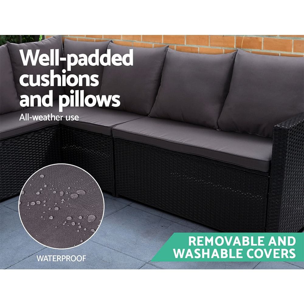 Gardeon Outdoor Dining Set Sofa Lounge Setting Chairs Table Ottoman Black Cover