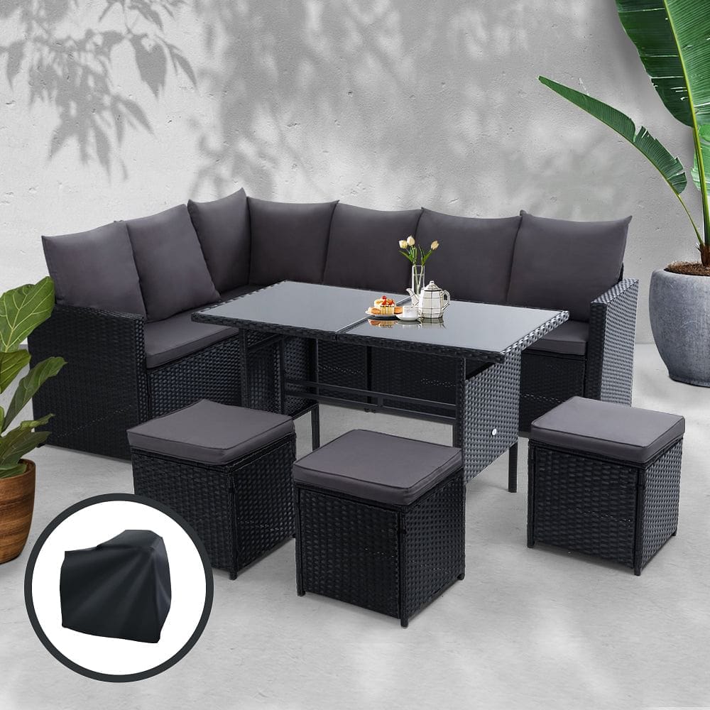 Gardeon Outdoor Dining Set Sofa Lounge Setting Chairs Table Ottoman Black Cover