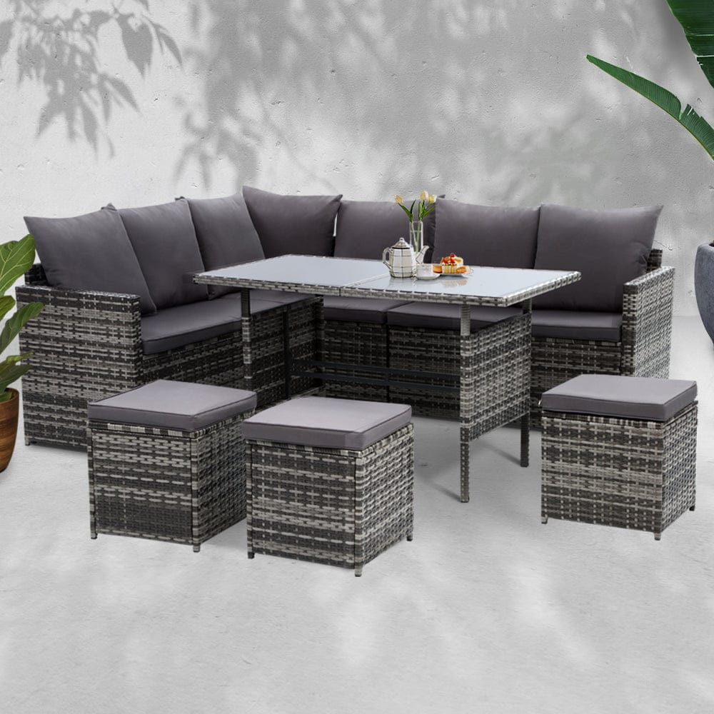 Gardeon Outdoor Furniture Dining Setting Sofa Set Lounge Wicker 9 Seater Mixed Grey