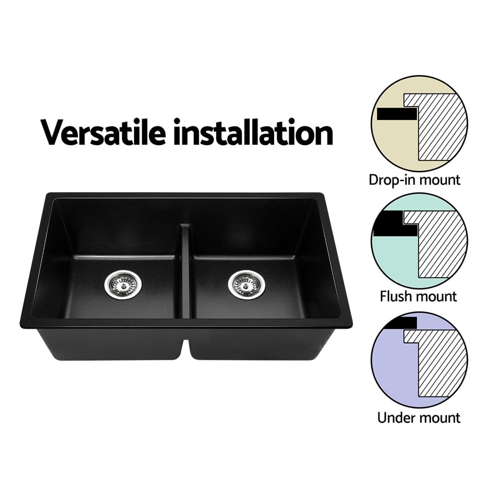 Cefito Stone Kitchen Sink 790X460MM Granite Under/Topmount Basin Double Bowl Black