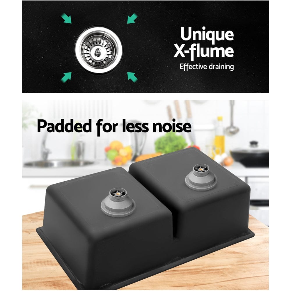 Cefito Stone Kitchen Sink 790X460MM Granite Under/Topmount Basin Double Bowl Black