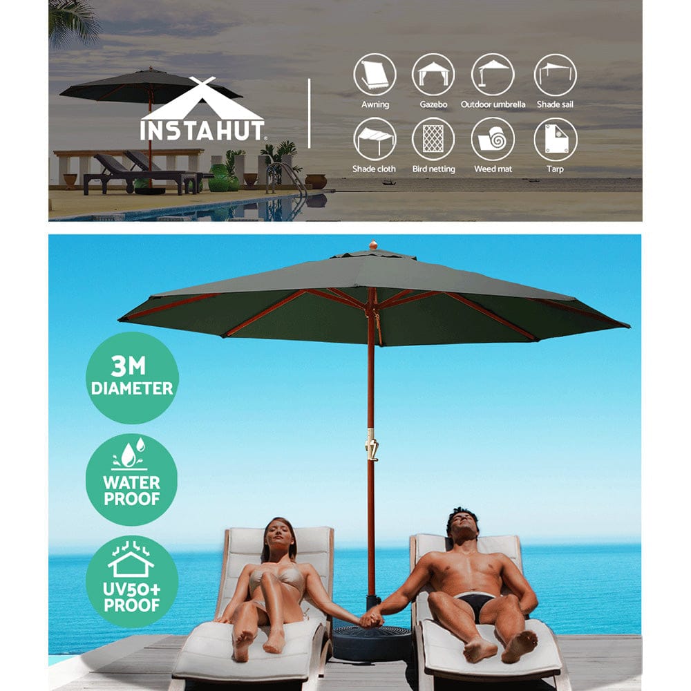 Instahut 3m Outdoor Umbrella w/Base Pole Umbrellas Garden Sun Stand Deck Charcoal