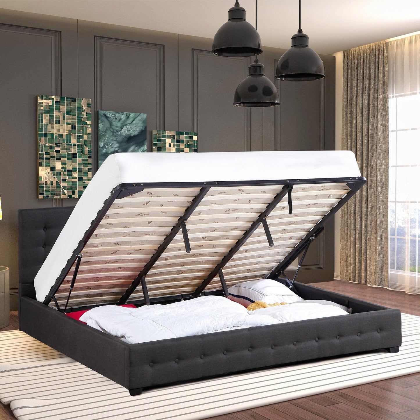 Milano Decor Eden Gas Lift Bed With Headboard Platform Storage Dark Grey Fabric - Single - Dark Grey