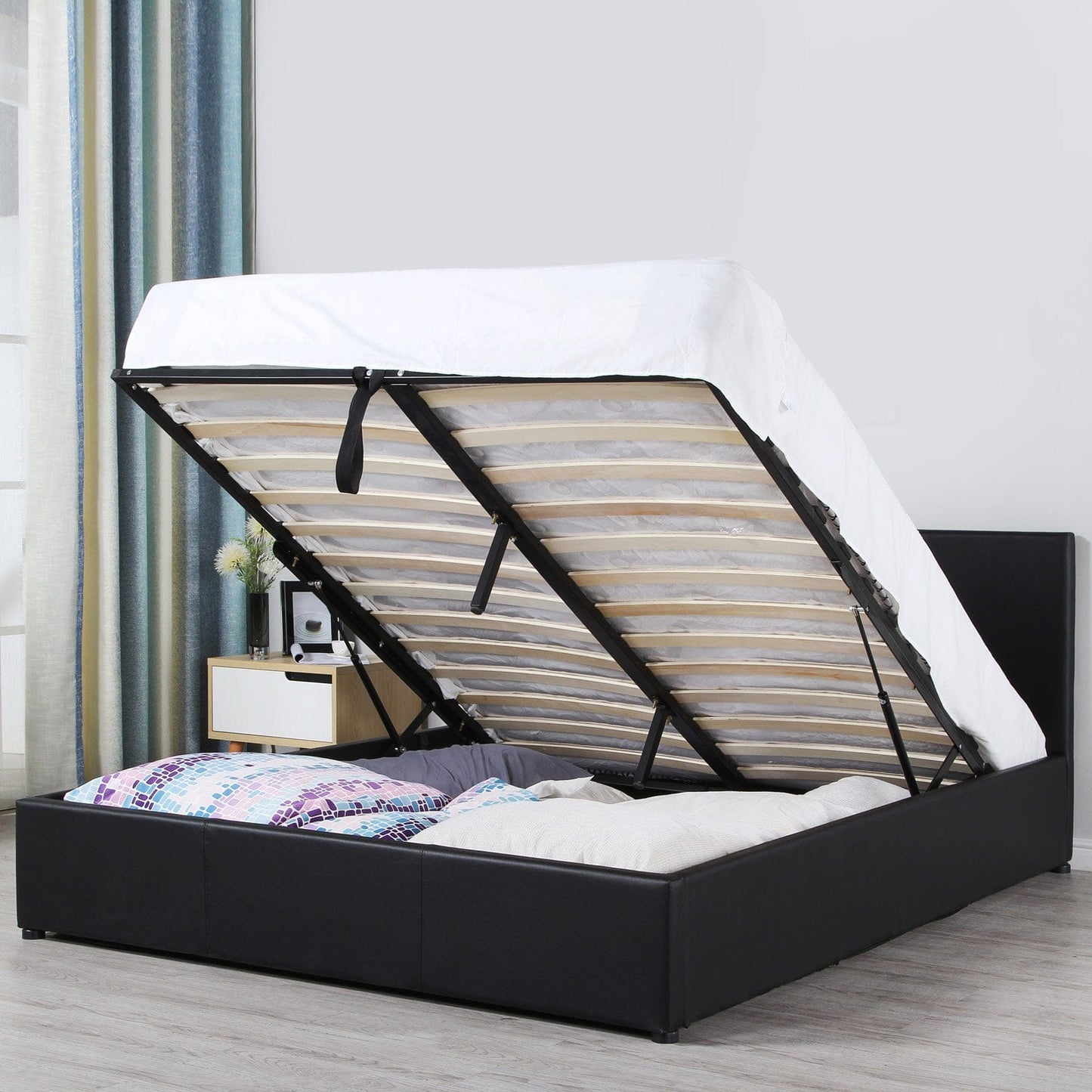 Milano Luxury Gas Lift Bed Frame And Headboard Double Queen King Black Dark Grey - King - Black
