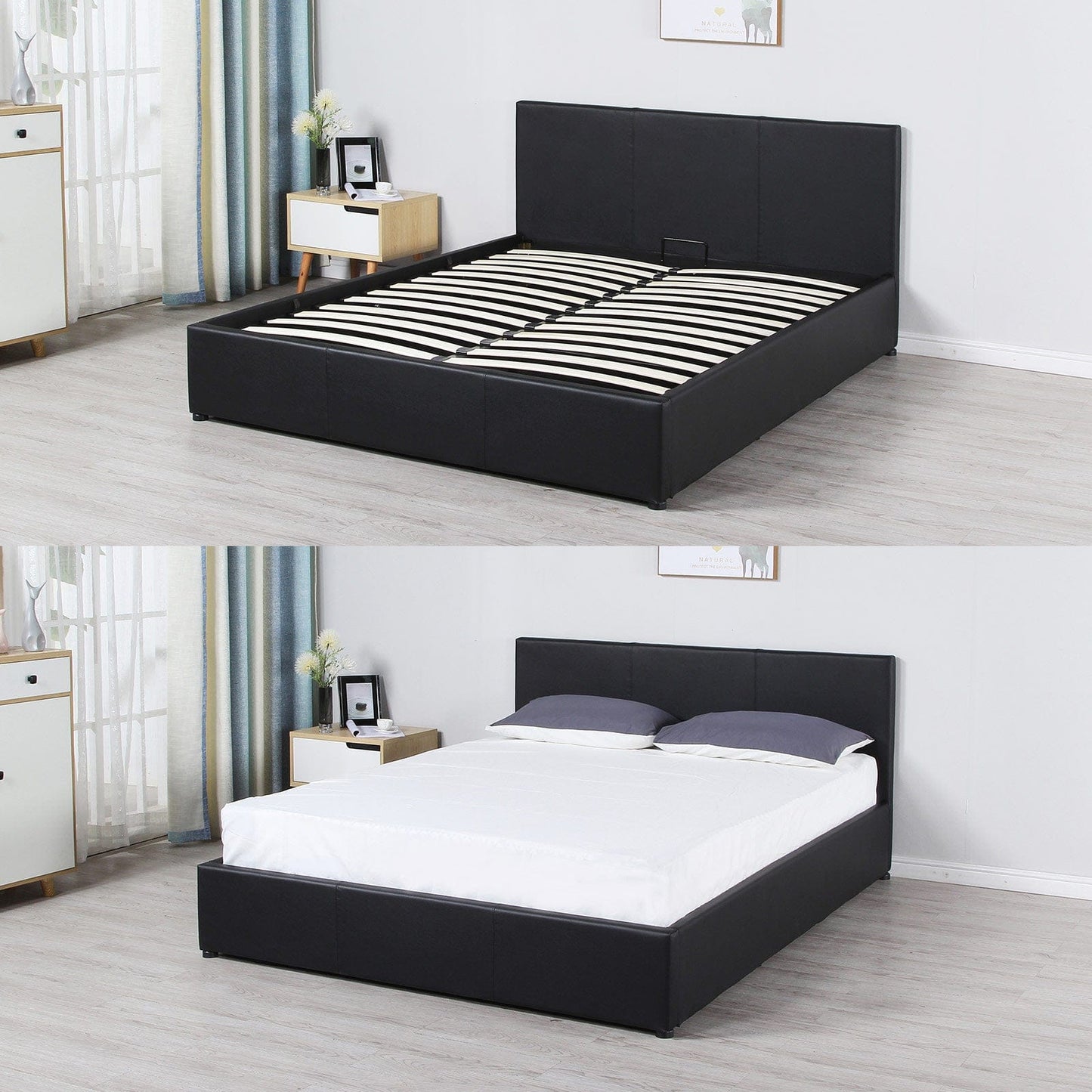 Milano Luxury Gas Lift Bed Frame And Headboard Double Queen King Black Dark Grey - King - Black