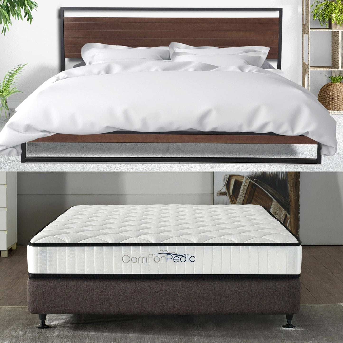 Azure Wood Bed Frame With Comforpedic Mattress Package Deal Bedroom Set - Double - White Brown