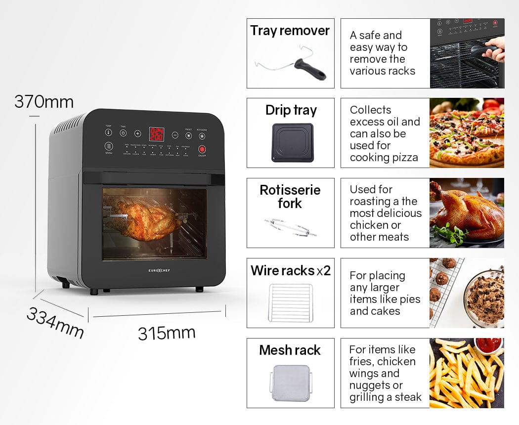 EUROCHEF 16L Air Fryer Electric Digital Airfryer Rotisserie Large Big Dry Black