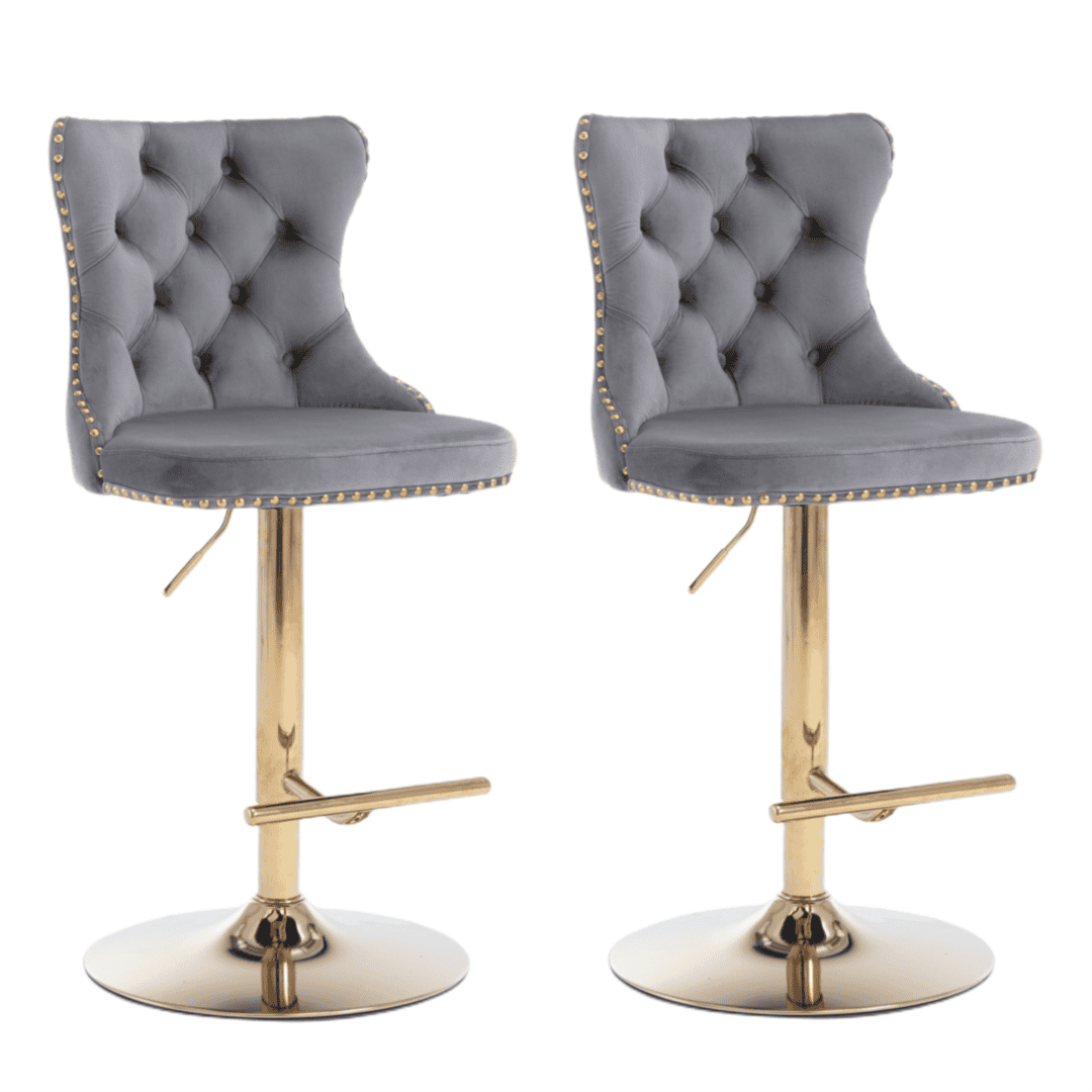 4x Height Adjustable Swivel Bar Stool Velvet Studs Barstool with Footrest and Golden Base- Grey