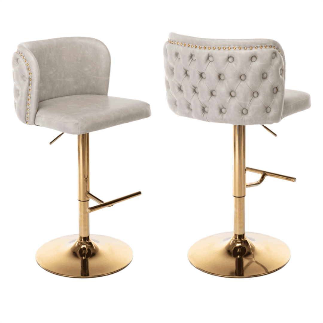 2x Faux Leather Golden Base Swivel Bar Stools- Beige