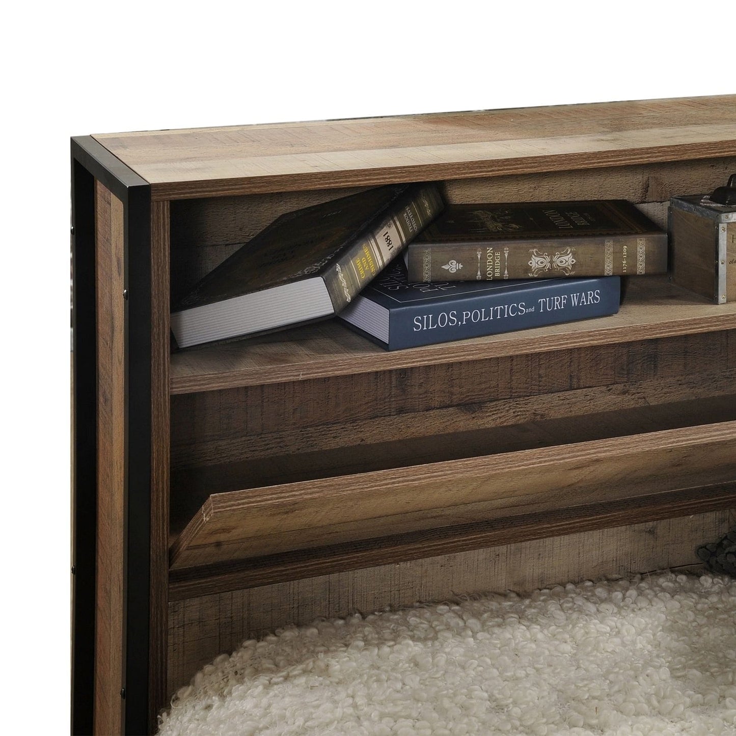 Queen Size Storage Bed Farme in Oak Colour with Particle Board Contraction and Metal Legs