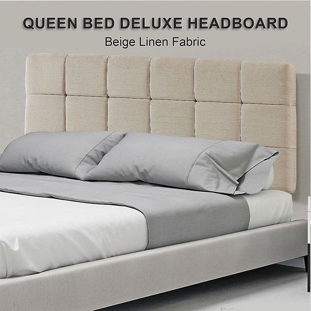 Linen Fabric Queen Bed Deluxe Headboard Bedhead - Beige