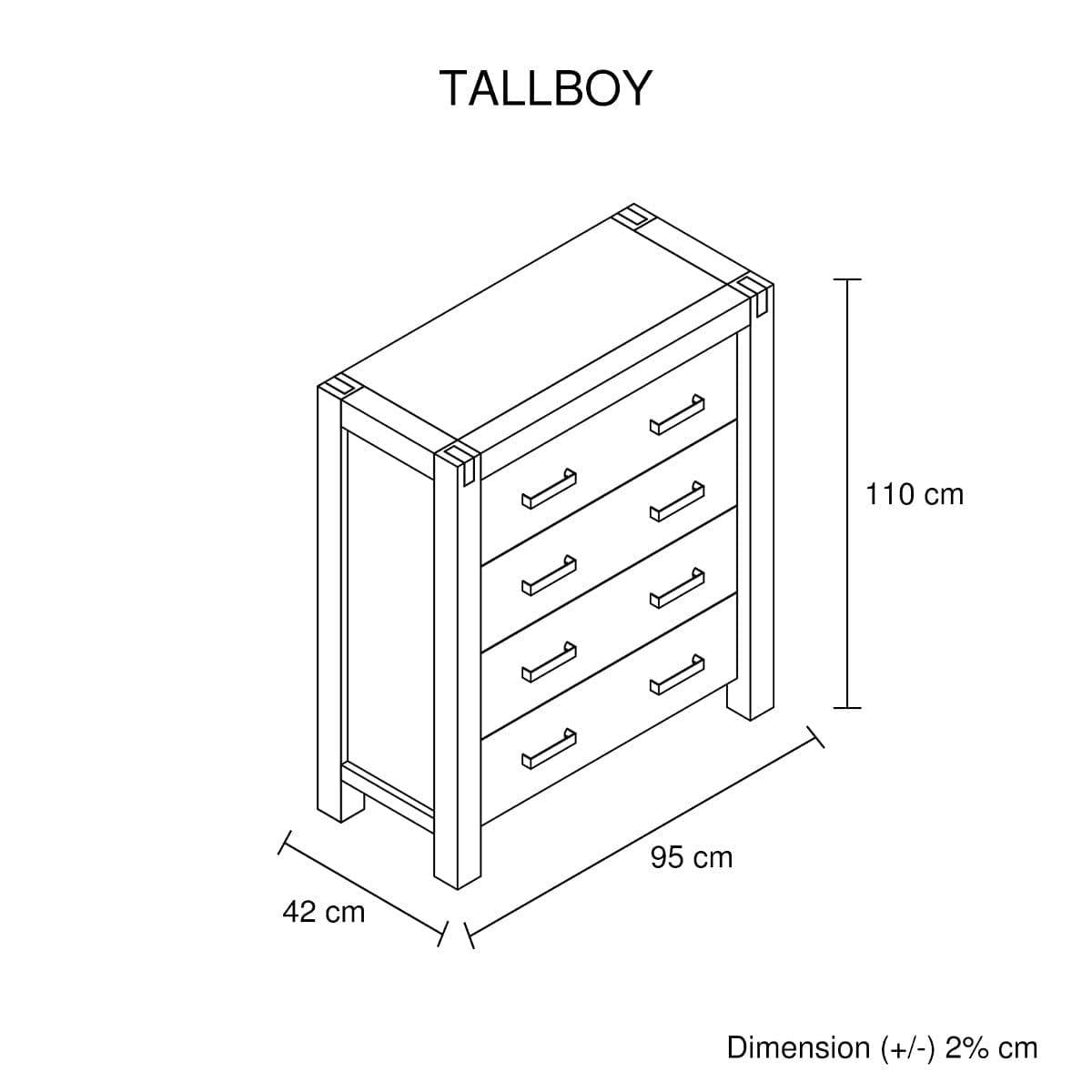 Tallboy with 4 Storage Drawers Assembled in Oak Colour Solid Wooden