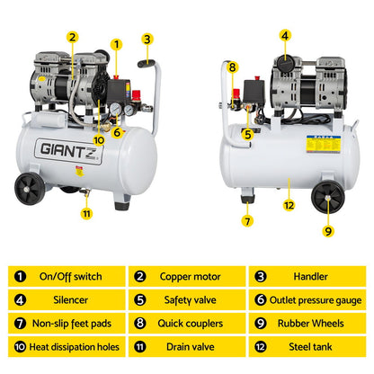 Giantz 24L Air Compressor Quiet 0.75HP Oil-Free Portable Tyre Inflator 40L/Min