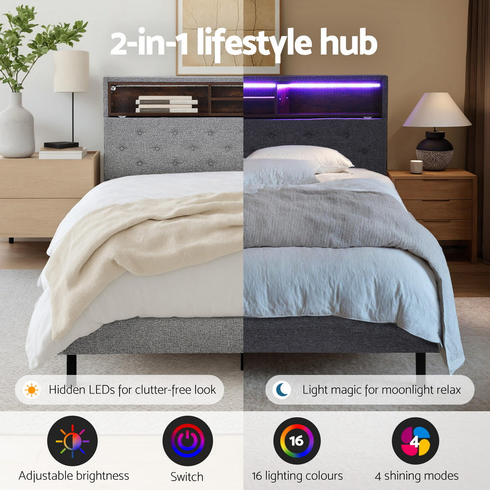 Artiss Bed Frame King Single Size LED Mattress Base Platform with Storage Shelf Hidden Storage Box Grey